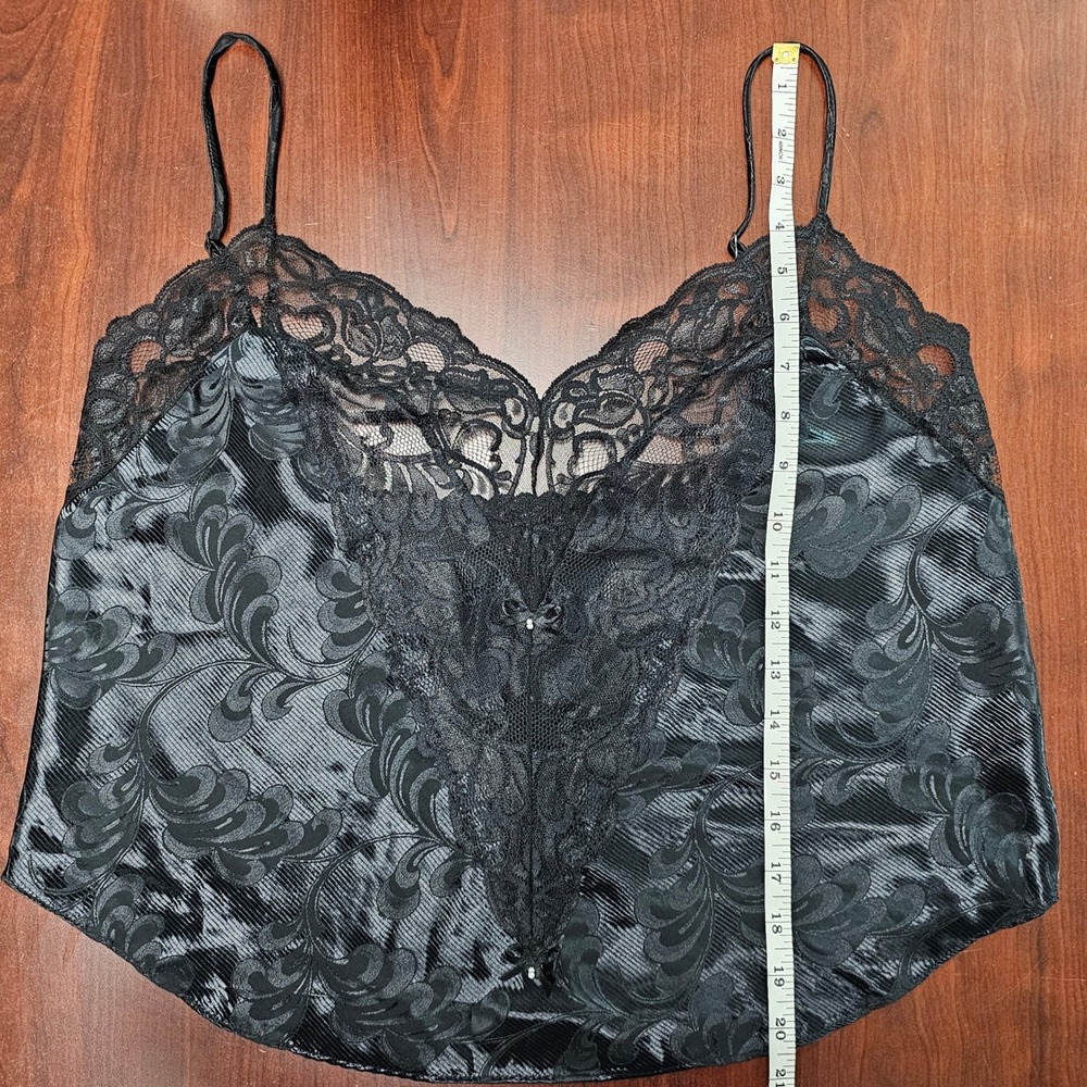 Vintage 90s Shirley of Hollywood Cami L Black Lace Bow Pearl Coquette Whimsigoth - Picture 8 of 11